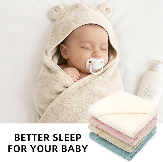 LifeTree 1 Pack Baby Hooded Towel with 1 Pack Washcloth for Newborn, 100% Cotton Bath Towel for Babies, Infant, Toddler and Kids, Thick,Soft and Absorbent, 30 * 30 Inches, Newborn Essentials, Khaki