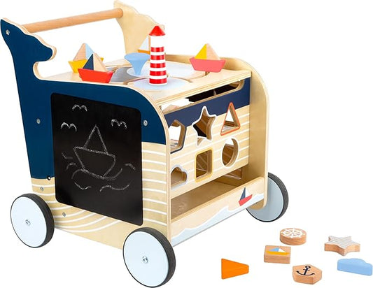 Wooden Whale Baby Walker by Small Foot – Classic 5-in-1 Activity Center - Interactive Toy with Shape Sorter, Puzzle Maze, Compass, Chalkboard - Develops Kids Coordination, Motor Skills –Age 12+ months