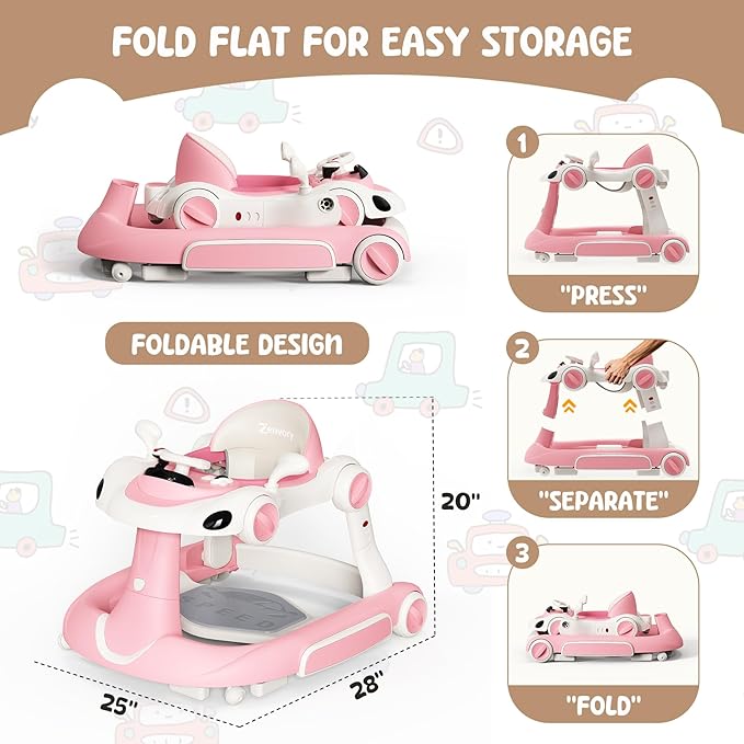 6 in 1 Foldable Baby Walker, Activity Baby Walker-Baby Bouncer, Rocker, Activity Center,Push Walker,Detachable Trampoline Mat, Adjustable Speed Rear Wheels and Height,Music & Lights,Ages 6-18 Months