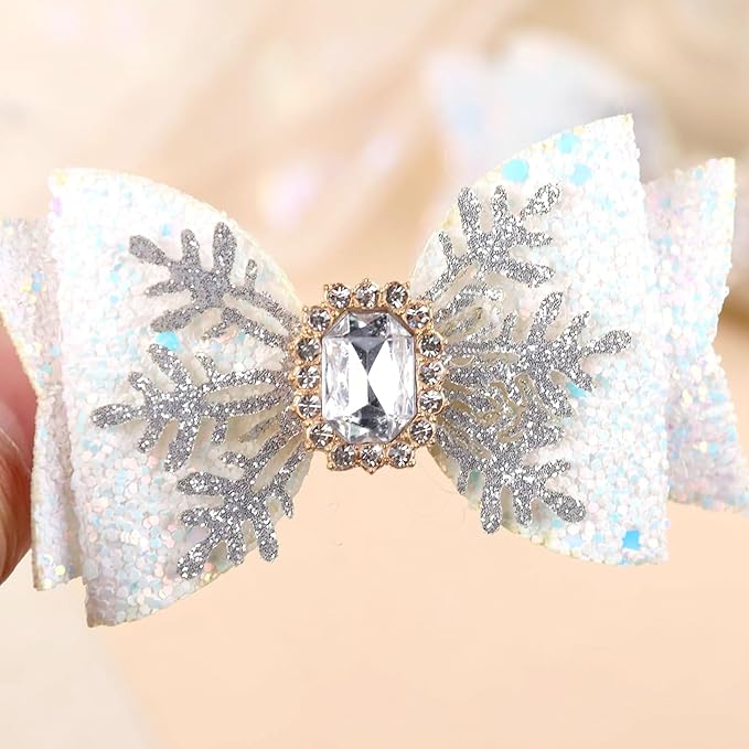 Christmas Snowflake Hair Bow Clips – Glitter White Snowflake Bow Hairpins for Women Girls Holiday Rhinestone Alligator Clips, Xmas Hair Accessories, Festive Holiday Bows Barrette Christmas Gift 2pcs