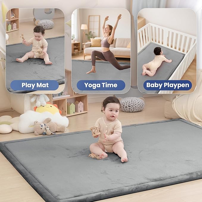 Huloo Sleep Baby Play Mat for Floor,1.3" Thick Memory foam Tummy Time Mat,Soft Coral Velvet Nursery Rug,Extra Large Non Slip Crawling Mats for Living Room(Dark Gray)