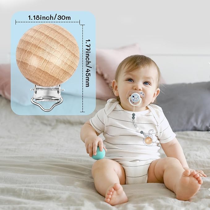 32 Pieces Natural Beech Wood Pacifier Clips Charm DIY Pacifier Holder Clips Teething Grasping Toy Suspender Clips for Pacifier Chain Accessory