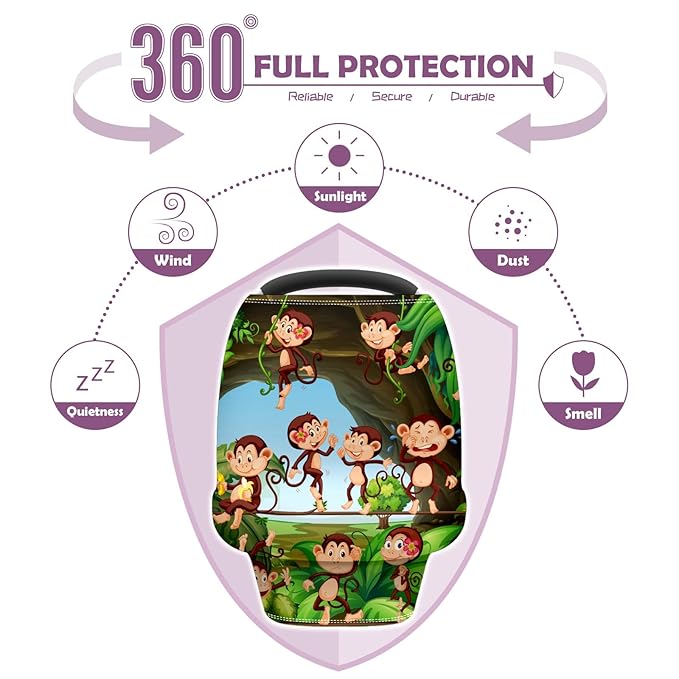 Baby Car Seat Stroller Covers Forest Cute Monkeys Nursing Cover Breastfeeding Scarf Soft Breathable Stretchy Infant Car Canopy Coverage Carseat Cover for Boys and Girls Multi Use