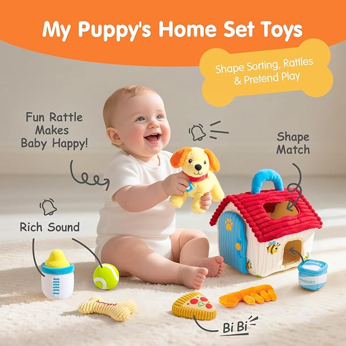 hahaland Montessori Toys for 1 Year Old – Plush Puppy Sensory Toy Set with Dog House, Rattle, Crinkle, Mirror & Shape Sorter, Pretend Play Learning Toy for Toddlers 1-3, Baby Easter Basket Stuffers