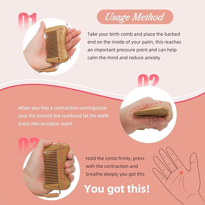 Sandalwood Birthing Comb For Labor Pain Relief & Delivery - Labour Gifts with Birth Affirmation For Women- Wood Comb For Pregnancy Contraction