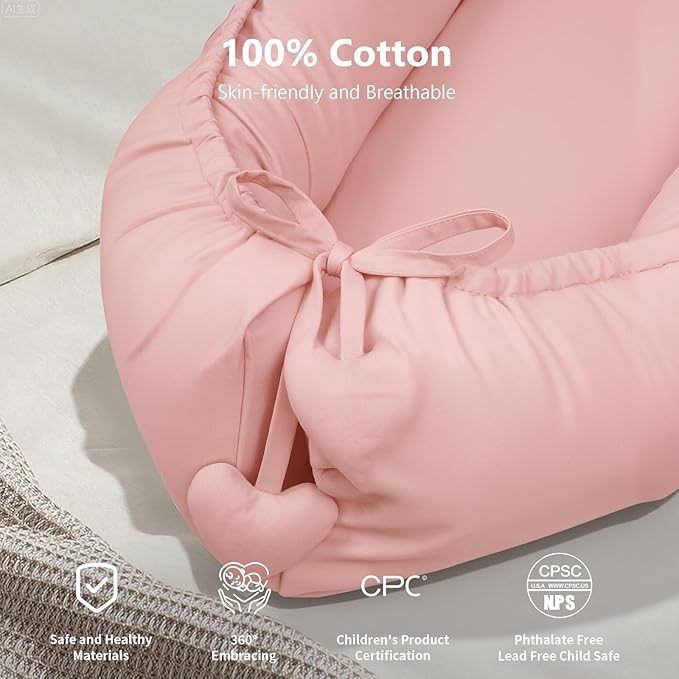 Baby Lounger - Infant Support Cushion for Newborn 0-24 Months, Soft Breathable Cotton Cover, Portable Mat for Trave, Supervised Use, Baby Essentials Gift for Infant Girl (Pink)