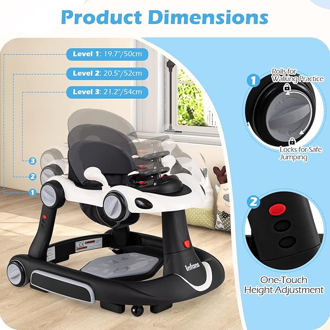 INFANS 6-in-1 Foldable Baby Walker, Converts Push Car to Bouncer, Rocker with Music, Lights, Adjustable Height & Speed, Activity Center, Canopy for 7-18 Months (Dark)