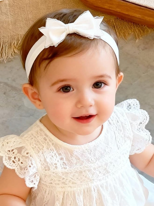 Baby Girls Headband White Bow Lace Headbands Soft Elastic Bowknot Hairbands Cute Hair Accessory for Newborn Kids Infant Toddler Baptism Birthday Party (Double Bow)