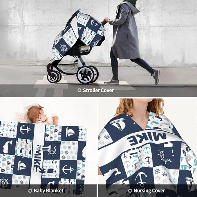 Personalized Baby Car Seat Canopy for Babies with Name, Custom Sailing and Anchor Car Seat Covers for Boys Girls, Opening Minky Nursing Breastfeeding Stroller Cover Carseat Canopies for Infant Newborn
