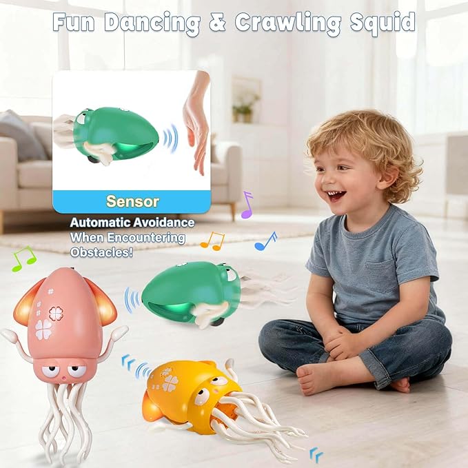 Dancing Octopus Baby Toy - Electric Crawling Octopus Tummy Time Toy - USB Rechargeable Dancing Musical Squid Toys with Lights, Birthday Gifts for 3 4 5 6 Year Old Boys Girls, Funny Desk Decor (Pink)