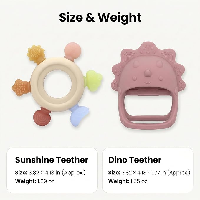Baby Teething Toys 2 Pack, Dinosaur Mitten Teether and Ring Sun Teether with 6 Chewing Points, Silicone Chew Toys for Infants 0-6 6-12 Months, BPA Free Soothing Gum Relief Set (Pink)