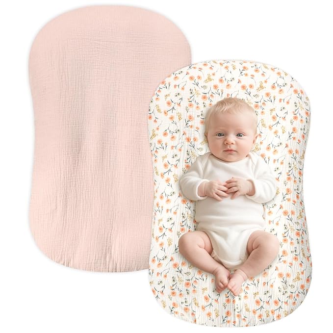 Hooyax Baby Lounger Cover 2 Pack - 100% Muslin Cotton Newborn Lounger Pillow Covers Only, Soft Breathable Infant Lounger Cover with Reinforced Stitching, Fits Most Standard Baby Loungers (Pink Floral)