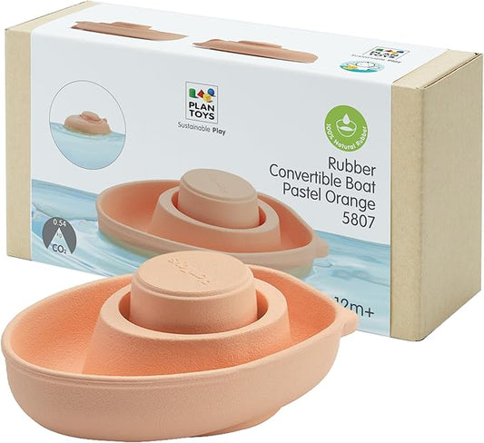 PlanToys® Pastel Orange Rubber Convertible Boat Montessori Water and Sensory Play Toy | Cause & Effect, Imagination and Exploration Activity | Eco Friendly Floating Bath Toy