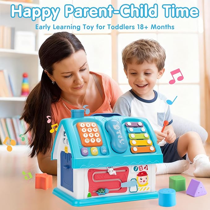 Montessori Toys for 1 Year Old, Baby Music Toys for 1 Year Old Girl Gift, 12-in-1 Musical House Toddler Learning Toy for 1 2 3 Ages, First Birthday Gifts for Girls and Boys, Educational Toy, (Blue)