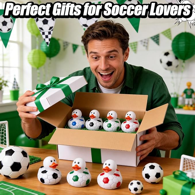 24 Pcs Soccer Theme Rubber Ducks with a Bag, Soccer Ball Ducks Toys, Soccer Fun Party Favors, Goodie Bag Fillers for Sports Fans Team Gifts, Classroom Game Prizes, Easter Basket Stuffers