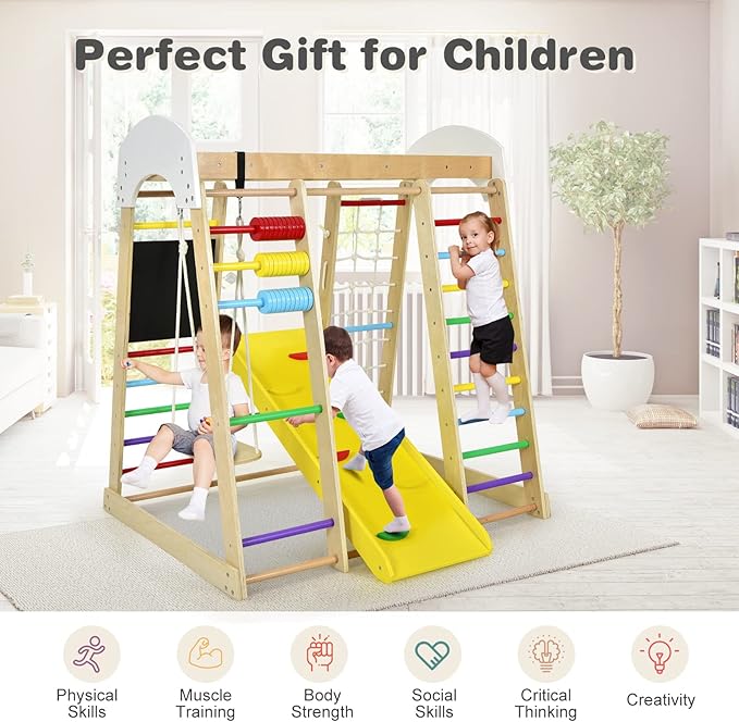 Costzon Indoor Playground, 8-in-1 Montessori Jungle Gym Beech Wood Climbing Toys for Toddlers w/Double-Sided Slide, Climbing Rock/Net, Indoor Playground Climber Playset for Kids 3+ Years (Rainbow)
