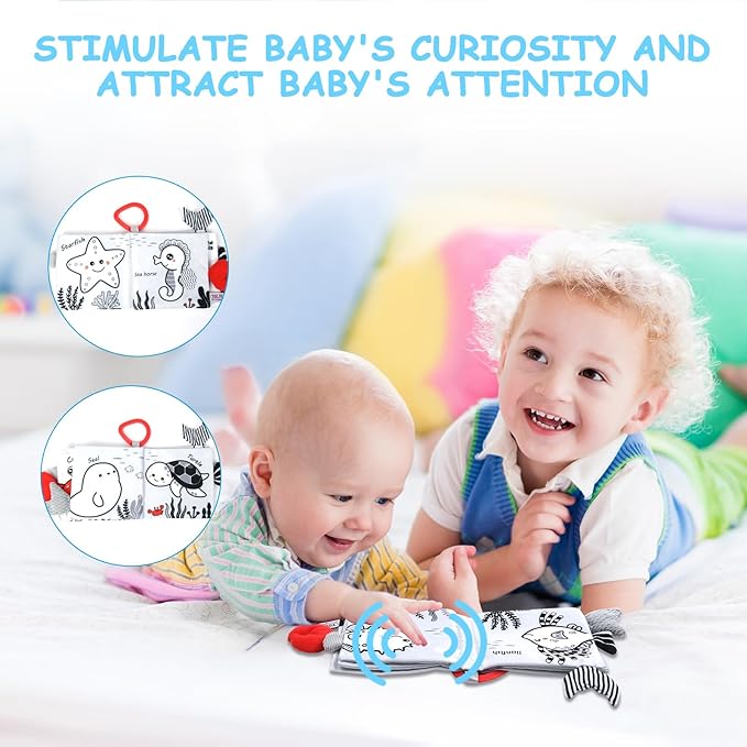 Vicloon Cloth Books, 3D Touch and Feel High Contrast Cloth Book, Baby Books Toys for Baby 0-12 Months, Soft Sensory Crinkle Book for Infants Toddler, Newborns Shower (Ocean)