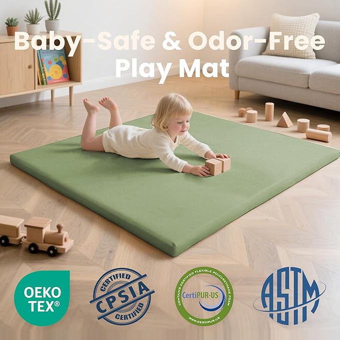 Huloo Sleep Baby Play Mat 50x50 Inches,1.3" Thick Padded Waterproof Floor Cushion & Playpen Mat with Vegan Leather,Non-Slip & Non-Toxic Nursery Rug for Infants, Toddlers & Kids(Green)