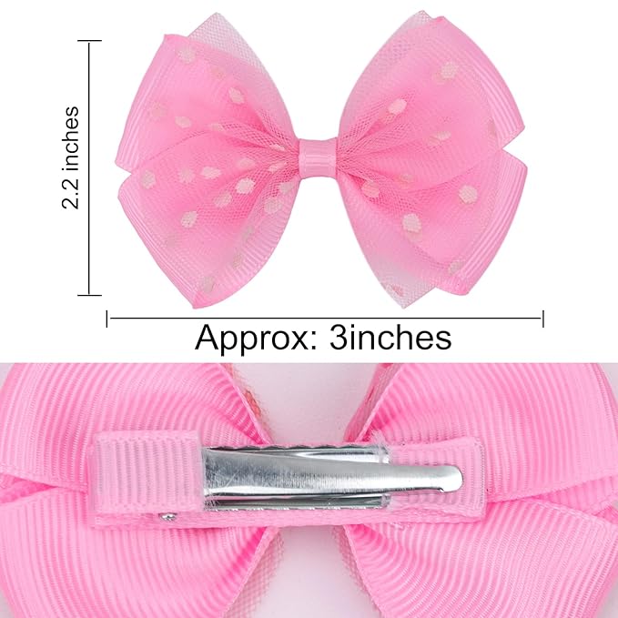 Tiny 3 Inch Dot Organza Double Hair Bow Clips - Cute Lined Boutique Alligator Hairpin for Girls, Toddlers, and Little Teens - Kids Barrettes Set of 2 Small Stylish (Hot Pink)