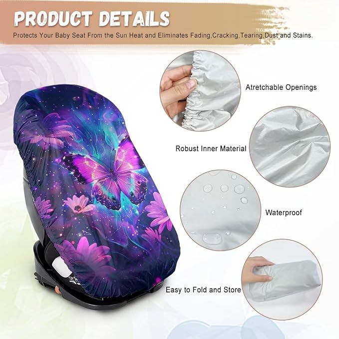 XYZCANDO Butterfly Print Carseat Cover for Baby Girl Purple Baby Car Seat Sun Shade Cover Easy to Install Car Seat Sun Protection for Toddler Univiersal Car Seat Covers for Babies Gift for Friends