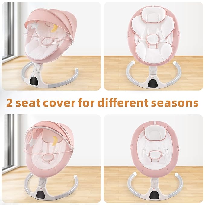 Jaoul Baby Swing for Infants - Electric Portable Newborn Bouncer, Timing Function, 5 Speeds, 3 Seat Positions for Boys and Girls (Pink)