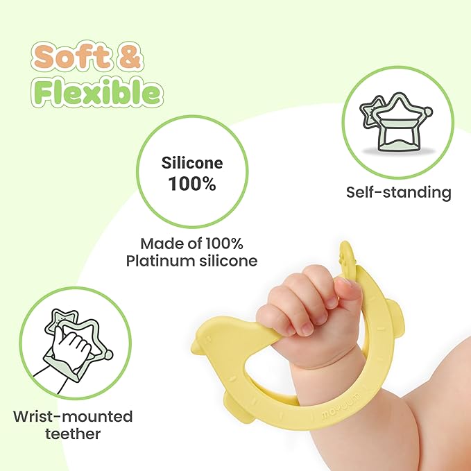 MOYUUM Wrist Teether Gift Set 100% Silicone Wearable Type Baby Chew Toy Baby Gift for Newborn, Roly Poly Toy Silicone Teething Toys for Infant and Toddler Bracelet Type (Bird Yellow, Star Coral Beige)