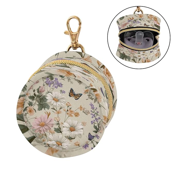 Pacifier Holder with Clip Pacifier Case for Diaper Bag Round Baby Pacifier Pouch Box Bag Portable Beige Flowers and Butterflies Spring