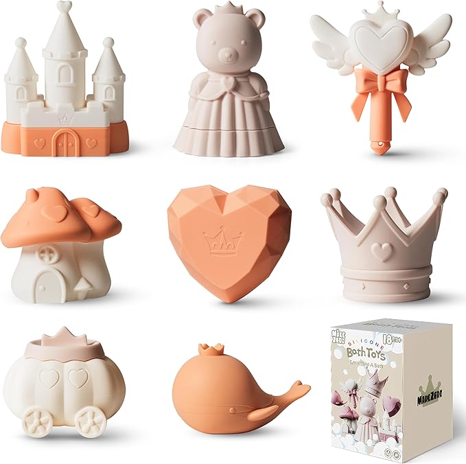 MarcZero Princess Silicone Bath Toys 8Pcs for Toddlers Kids Babies,Bathtub Water Toys,Soft Squeezable Easy-Grip Pool Toys Set (Peach)