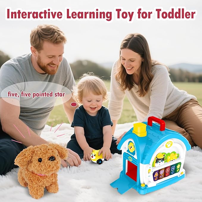 Ming You Interactive Toys for 1 2 3 Year Old Boy Gifts, Baby Musical Toy House with Stuffed Puppy, Car, Learning Educational Toy for Toddler 1-3, Christmas Birthday Gifts for 1 Year Old Boy (Blue)