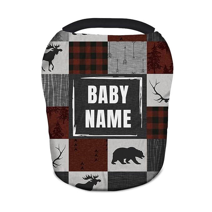 Personalized Baby Car Seat Covers with Name, Custom Nursing Cover Breastfeeding for Babies, Carseat Canopy for Boys and Girls, Infant Stroller Cover, Breathable Carseats Cover(Woodland Theme)