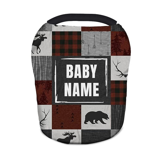 Personalized Baby Car Seat Covers with Name, Custom Nursing Cover Breastfeeding for Babies, Carseat Canopy for Boys and Girls, Infant Stroller Cover, Breathable Carseats Cover(Woodland Theme)