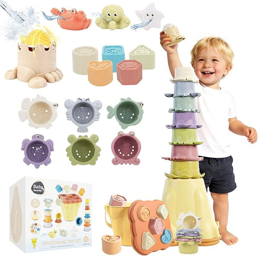BYFWH Stacking Toy for Toddler 1-3, 4 in 1 Montessori Sensory Toys, Shape Sorter for Sand Bath Play, Infant Learning Color Sorting Toy for Fine Motor Skills, Birthday Gift for Baby Boys Girls 1 2 3