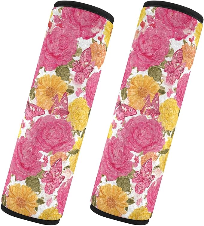 2 Pack Seatbelt Covers Seat Belt Cover Pad for Adults Boys Girls Car Seat Strap Covers Pads Cushion Universal Shoulder Strap Pad Protector for Backpack Camera Bag 10x7.7Inch Roses Bloom and Butterflie