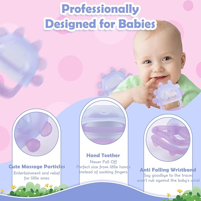 Anboor Baby Teething Toys, Silicone Teethers for Babies Anti Dropping Hand Teether, Infant Baby Chew Toys for Teething Relief, Ideal Present for Newborn Soon-to-be Mothers（Purple）