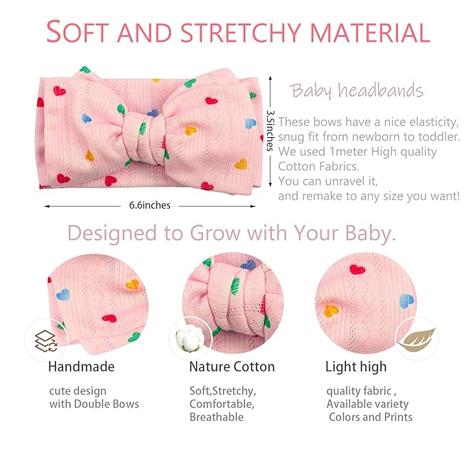 LemonSpace Handmade Baby Bow with Knotted Double Bows Stretchy Soft Cotton Infant Headwrap Comfortable Hair Accessories for Newborn,Toddler,Kids Ideal Gift for Birthday,Baby Shower(Heart Print)