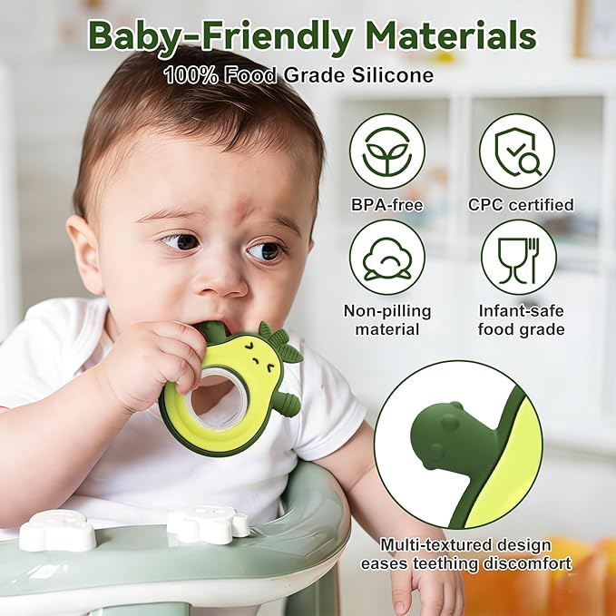 Baby Rattles Teething Toy for Babies 0-6 Months, Avocado Design BPA Free, Teething Relief for Infant 3-24 Months, Silicone Teethers Boys and Girls Sensory Toy