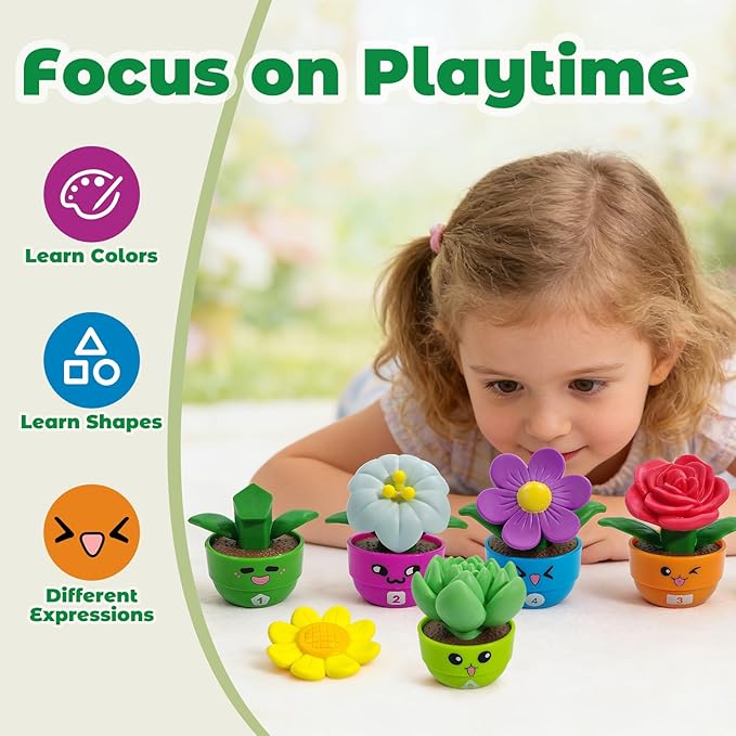 Montessori Toddler Flower Toy, Bloom & Learn Garden Set with 5 Shape & Color & Number Flowers, Sensory Pretend Toys for Preschool Early Learning, Toddlers Gift for 1 2 3 Girls & Boys