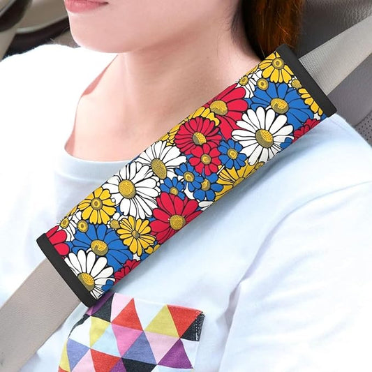 2PCS Car Seat Belt Cover Bohemia Mandala Floral Soft Shoulder Strap Covers Harness Pads Boho Vintage Flowers Safety Seatbelt Hippie Daisy Comfort Driving Cushion for Car, SUV,Truck