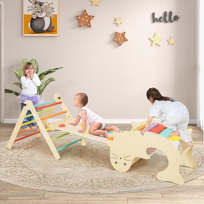 Olakids Pikler Triangle Set 7 in 1 Climbing Toys for Toddlers 1-3 Inside Foldable Wood Montessori Jungle Gym with Ramp Slide Arch Rocker Angle Adjustable Ladder Indoor Kids Playground Baby Climber