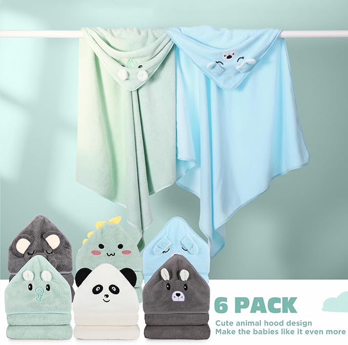 SmoothNovelty 6 Pack Baby Hooded Towels Infants and Toddlers Coral Fleece Baby Bath Towels 31.5 x 31.5 Inch Absorbent Cute Soft Newborn Bath Essentials Gifts for Boys & Girls(Multicolor,Cute)