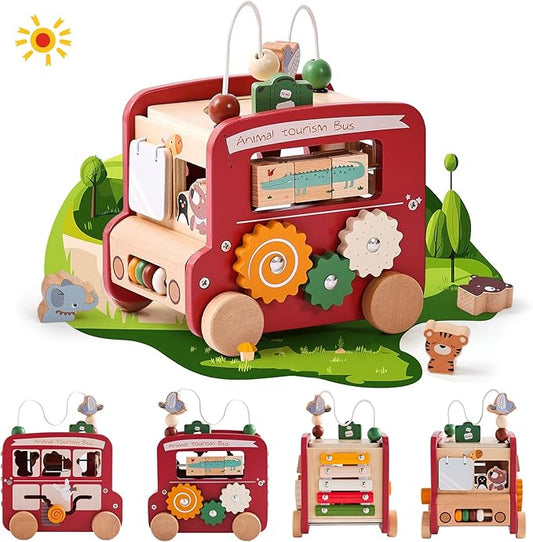 Wooden Activity Cube 8-in-1 Montessori Toys | Multifunctional Early Educational Learning Toys | Wooden Toy for Baby Shape Sorter Xylophone Animal Travel Bus Boy Girl Birthday Gift（Red Bus）