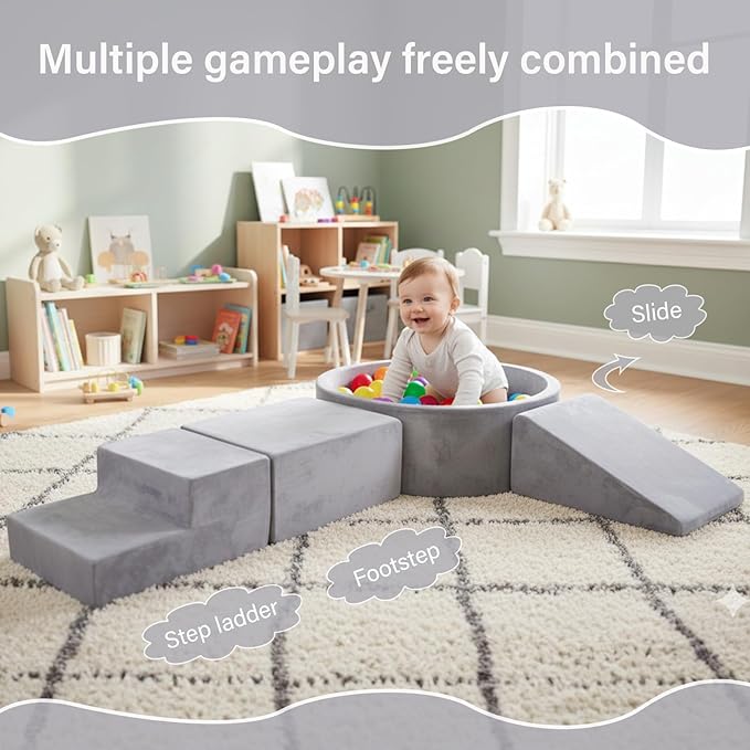 Tiita Climbing Toys for Toddlers 1-3 Indoor with Ball Pit, 4-Piece Kids Foam Climbing Blocks, Activity Soft Play Climbing for Baby, Grey, Balls not Included