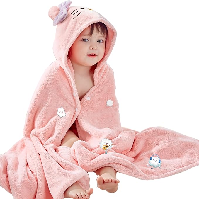 Toddler Baby Bath Towel with Hood 27.5"X55" Ultra Absorbent Soft Cozy Comfort Bathrobe Blanket, 0-6 Years Infant Shower Towel for Girls(Pink Cat)