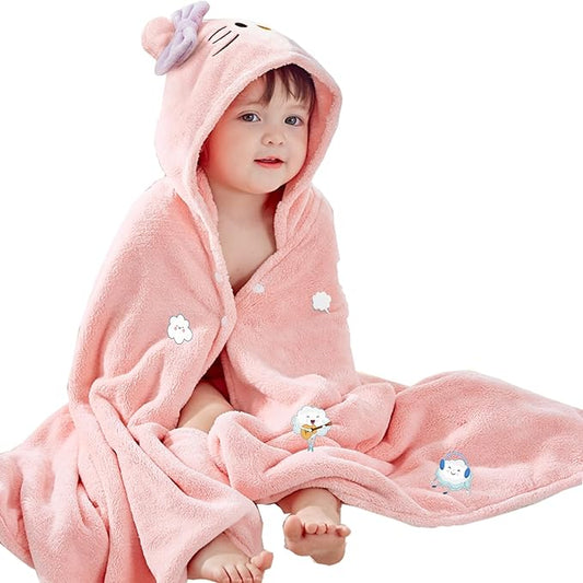 Toddler Baby Bath Towel with Hood 27.5"X55" Ultra Absorbent Soft Cozy Comfort Bathrobe Blanket, 0-6 Years Infant Shower Towel for Girls(Pink Cat)