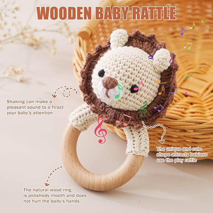 Wooden Baby Rattle, Crochet Lion Rattle, Newborn Wooden Animal Rattle Toy, Infant Rattle Toys