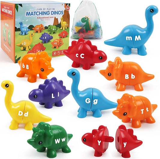 GKDOMS 26pcs Alphabet Dinosaurs Matching Toy, Toddlers ABC Learning Dinosaurs with Uppercase Lowercase, Match and Snap Fine Motor Game Preschool Learning Activities, Birthday Gifts for Boys & Girls