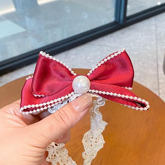 Bow Lace Headbands for Baby Girls Soft Tulle Ribbon Pearl Head Wrap Elastic Bow-knot Hair Band Shower Birthday Hair Accessory for Newborn Infant Toddler (Red A, Elastic)