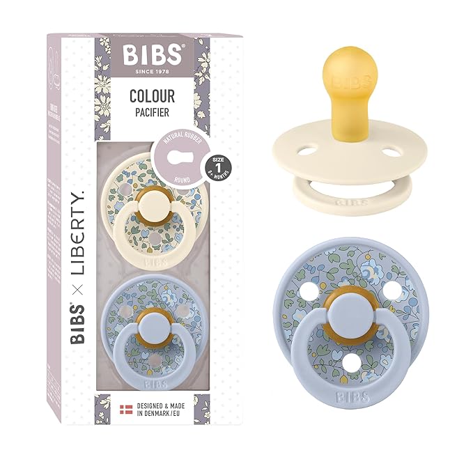 BiBS Liberty Pacifier 2-Pack, BPA Free Pacfiers with Natural Latex Round Nipple, Made in Scandinavia, Size 1 (0-6 Months), Eloise Dusty Blue