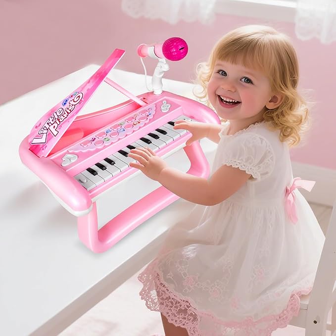 Baby Piano Music Toy, 22 Key Pink Piano Toys for 2 3 Years Old Girls, Baby Toddler Kids Musical Keyboard Toy with Microphone First Birthday Gift for Girls