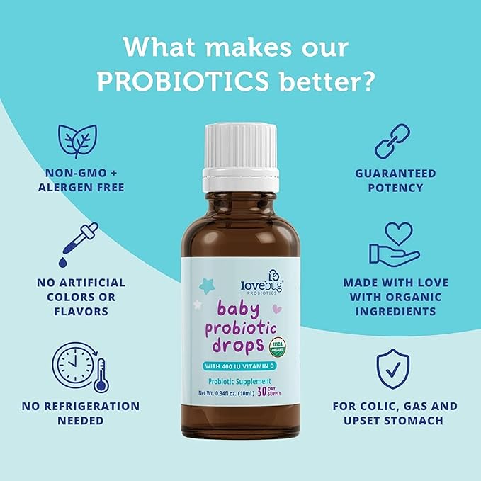 LOVEBUG Award Winning USDA Organic Probiotic for Infants & Babies 0-12 Months | Helps w/Colic, Reflux, Diarrhea, Constipation & Gas | Multi-Strain 5 Billion CFU | Liquid Drops (60 Days Supply) - 20ml